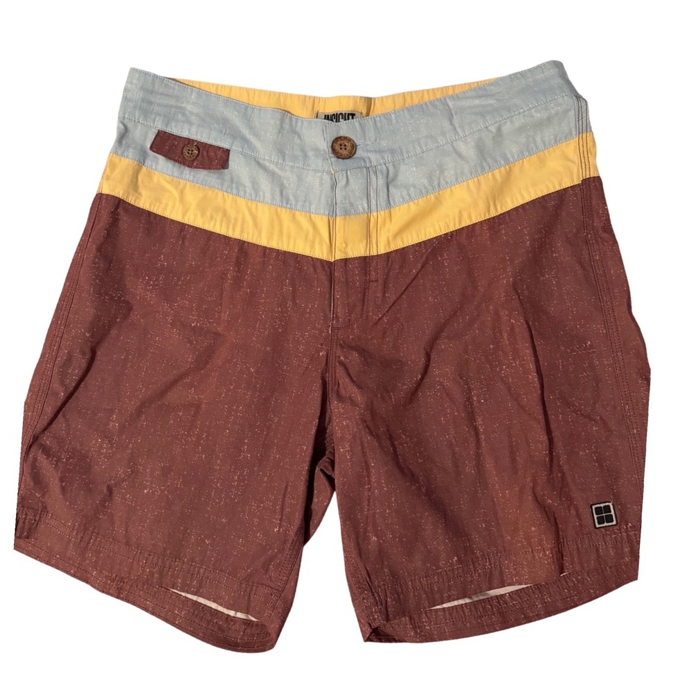 Insight Malibu Boardshorts Mens 32 Burgundy Yellow Blue Colorblock Swim NEW